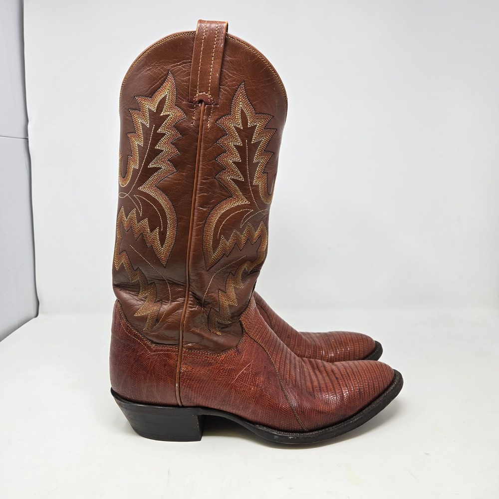 Mens Brown Lizard Skin Western Cowboy Boots Pointed Toe Stitched Leather 8.5D - Picture 2 of 14